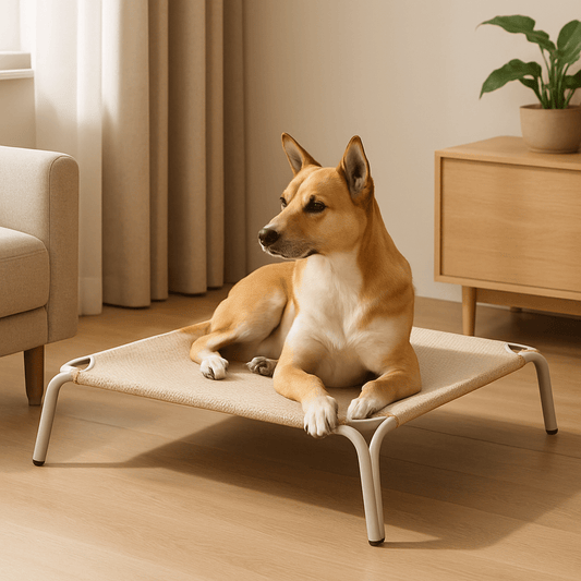 Hamac-pour-chien-imperméable-lit surélevé démontable-lavable-en teslin ultra-résistant aux griffes doux, ergonomique sur pied et cadre en acier inoxydable stable-isole du sol froid, des bactéries et poussière-hygiénique et durable-respirant et rafraichissant en été pour une utilisation polyvalente en intérieur ou extérieur pour toutes tailles de chiens jusqu'à 30 kg-un grand chien couché sur son lit surélevé dans le salon de l'appartement
