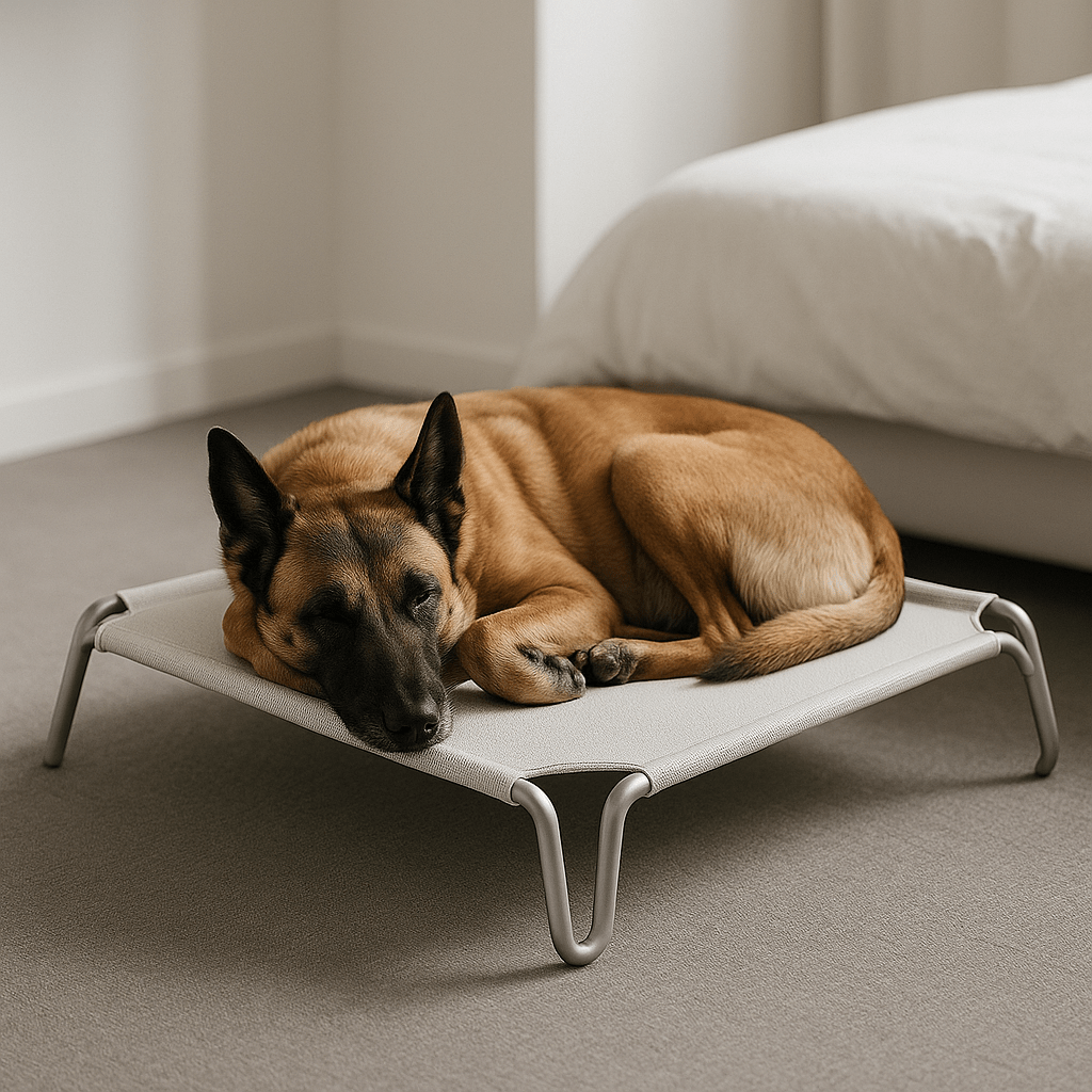 Hamac-pour-chien-imperméable-lit surélevé démontable-lavable-en teslin ultra-résistant aux griffes doux, ergonomique sur pied et cadre en acier inoxydable stable-isole du sol froid, des bactéries et poussière-hygiénique et durable-respirant et rafraichissant en été pour une utilisation polyvalente en intérieur ou extérieur pour toutes tailles de chiens jusqu'à 30 kg-un Berger Belge qui dort paisiblement sur son lit de camp dans la chambre de la maison