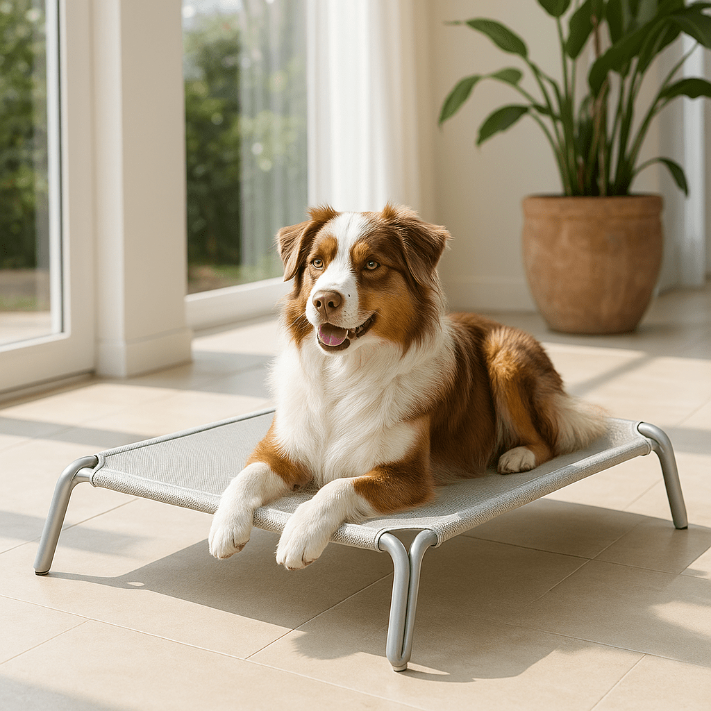 Hamac-pour-chien-imperméable-lit surélevé démontable-lavable-en teslin ultra-résistant aux griffes doux, ergonomique sur pied et cadre en acier inoxydable stable-isole du sol froid, des bactéries et poussière-hygiénique et durable-respirant et rafraichissant en été pour une utilisation polyvalente en intérieur ou extérieur pour toutes tailles de chiens jusqu'à 30 kg-un Berger Australien qui couché confortablement sur son lit de surélevé dans la véranda de la maison