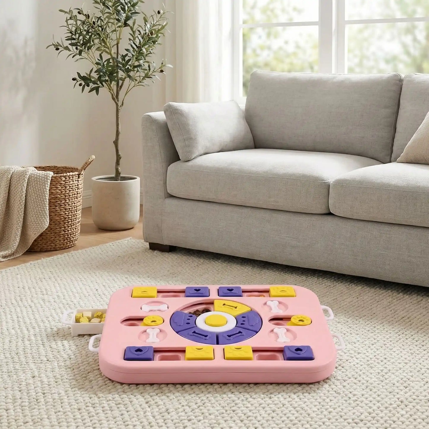 Jeu-pour-chien-intelligent-Qi-anti-anxiété-de-séparation, Design antidérapant avec 4 patins en caoutchouc pour éviter les renversements
Matériau PP ultra-résistant, sans danger et compatible lave-vaisselle
Dimensions gĂ©nĂ©reuses (35Ă26Ă3,8 cm) adaptĂ©es Ă toutes les races
24 points mobiles et 26 trous d'alimentation pour multiplier les défis
Bouton sonore central qui éveille la curiosité naturelle- gros plan sur le jouet intelligent distributeur de croquette de couleur rose