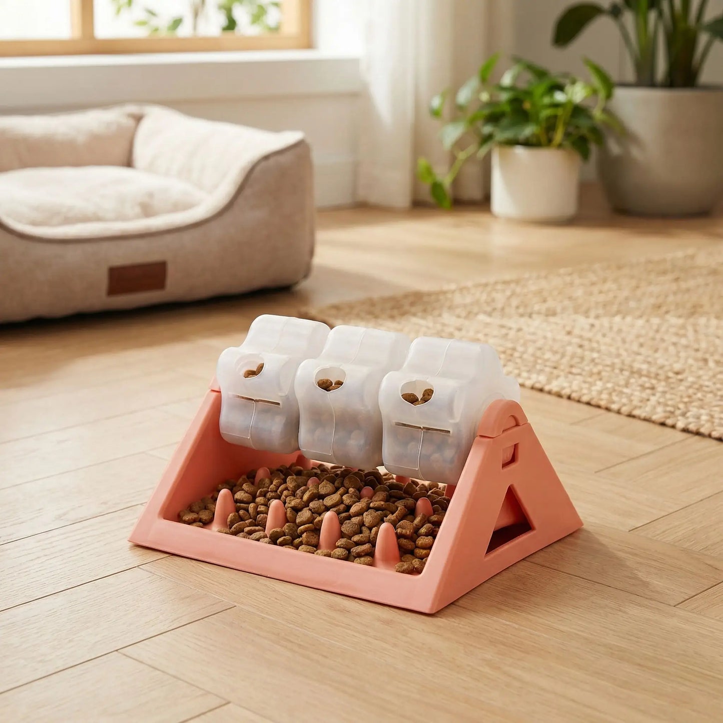 Jouet-intelligent-pour-chien-alimentaire, gamelle anti glouton qui stimule son intelligence et ses capacité motrices, avec ses 3 compartiments rotatifs sur le support stable et antidérapant en forme de triangle fond qui récupère les croquettes anti-fuite et 100% imperméable, lavable à l'eau et au lave vaisselle, demontable faciment par un clip pour une hygiène parfaite-photo du modèle rose remplie de croquettes et friandises pour chien sur le sol du salon de l'appartement prêt à l'emploi