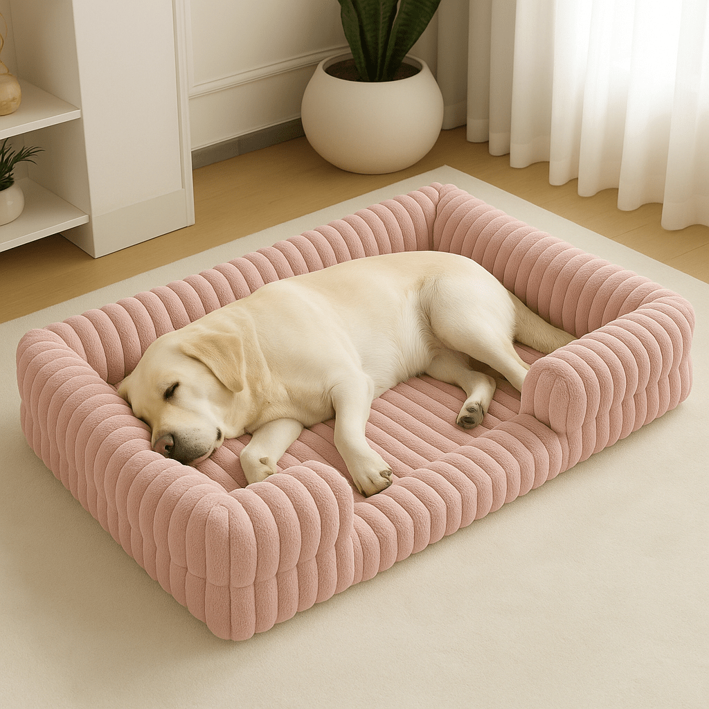 Lit-canapé-orthopédique-pour-chien-antidérapant-matelas à mémoire de forme-rebord surélevé en coton haute densité-déhoussable et lavable en machine-antidérapant-pour petit, moyen et grand chien-un labrador sable qui dort couché dans son lit en velours rose moelleux et ergonomique avec traversin et accoudoir intégré dans le salon de la maison