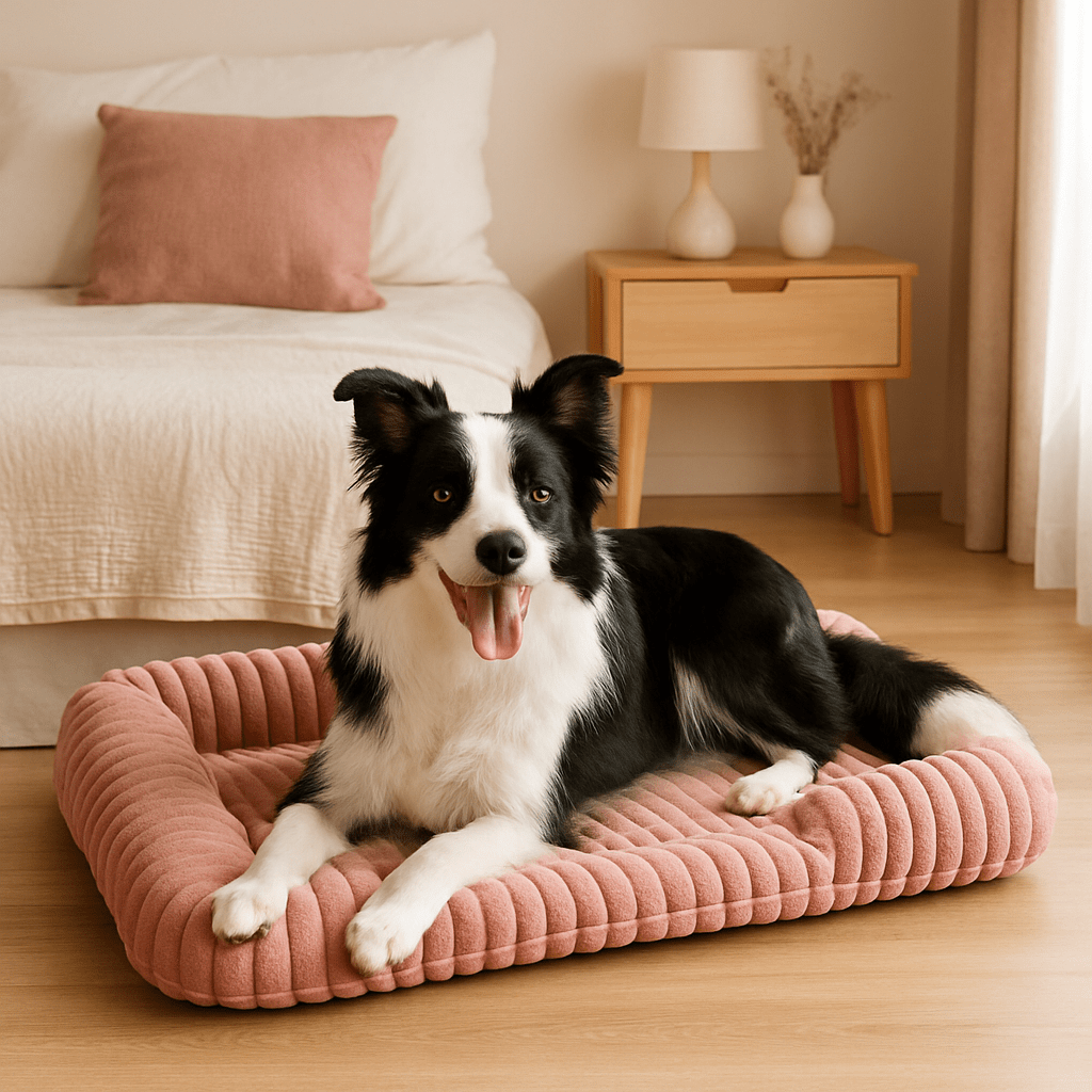 Lit-canapé-orthopédique-pour-chien-antidérapant-matelas à mémoire de forme-rebord surélevé en coton haute densité-déhoussable et lavable en machine-antidérapant-pour petit, moyen et grand chien-un Border Collie couché et heureux dans son lit en velours rose moelleux et ergonomique avec traversin et accoudoir intégré dans la chambre de la maison