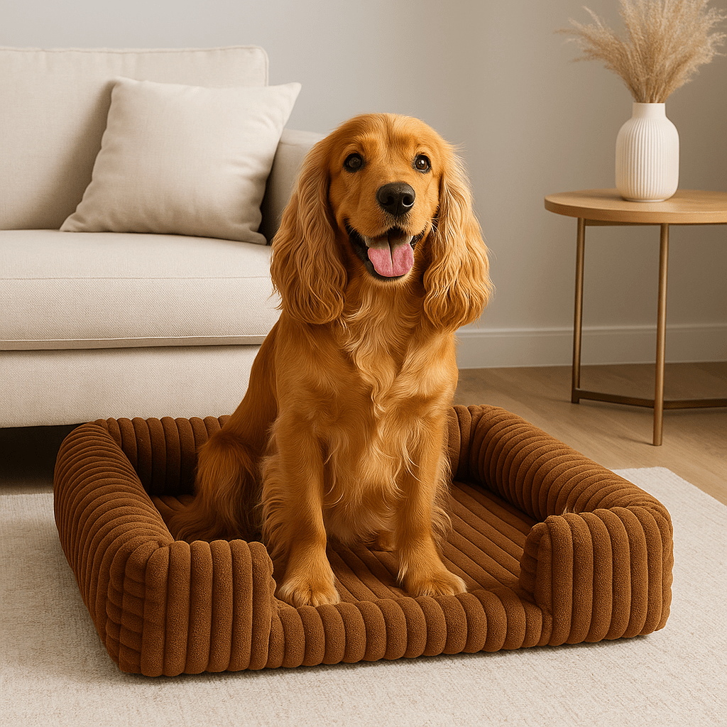 Lit-canapé-orthopédique-pour-chien-antidérapant-matelas à mémoire de forme-rebord surélevé en coton haute densité-déhoussable et lavable en machine-antidérapant-pour petit, moyen et grand chien-un Épagneul breton assis dans son lit en velours marron moelleux et ergonomique avec traversin et accoudoir intégré dans le salon de la maison