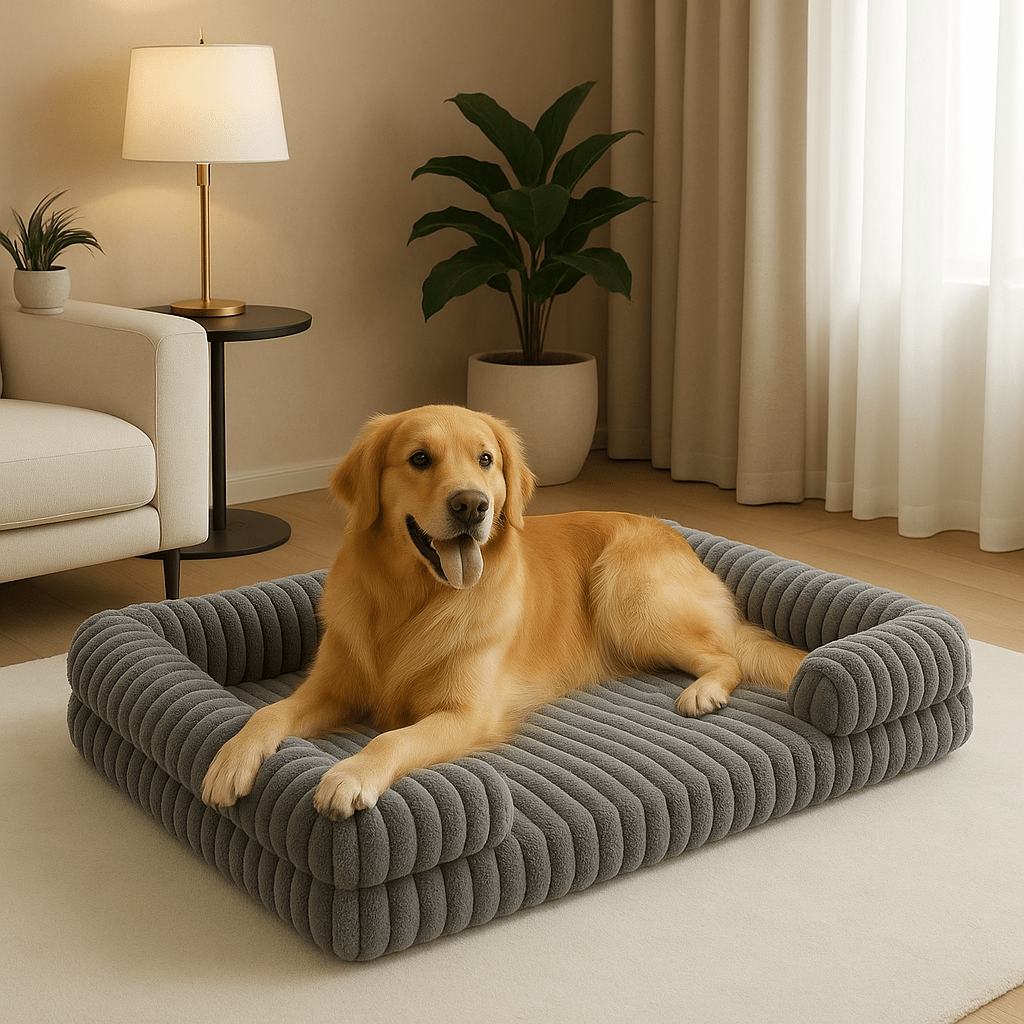 Lit-canapé-orthopédique-pour-chien-antidérapant-matelas à mémoire de forme-rebord surélevé en coton haute densité-déhoussable et lavable en machine-antidérapant-pour petit, moyen et grand chien-un grand chien couché dans son lit en velours gris moelleux et ergonomique avec traversin et accoudoir intégré dans le salon de l'appartement