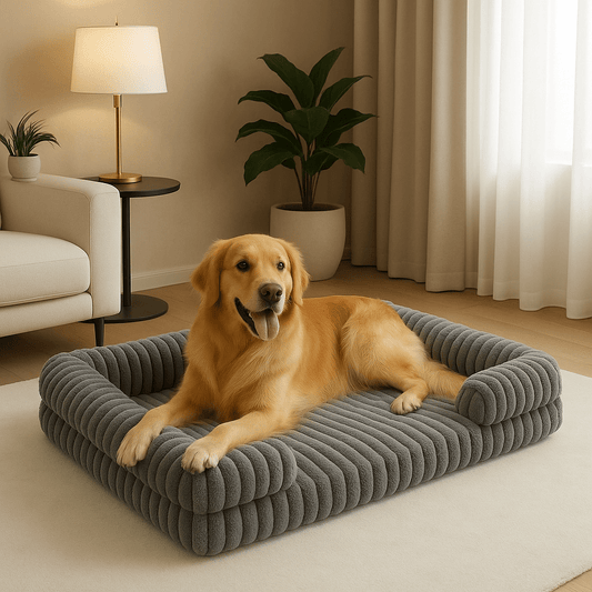 Lit-canapé-orthopédique-pour-chien-antidérapant-matelas à mémoire de forme-rebord surélevé en coton haute densité-déhoussable et lavable en machine-antidérapant-pour petit, moyen et grand chien-un grand chien couché dans son lit en velours gris moelleux et ergonomique avec traversin et accoudoir intégré dans le salon de l'appartement