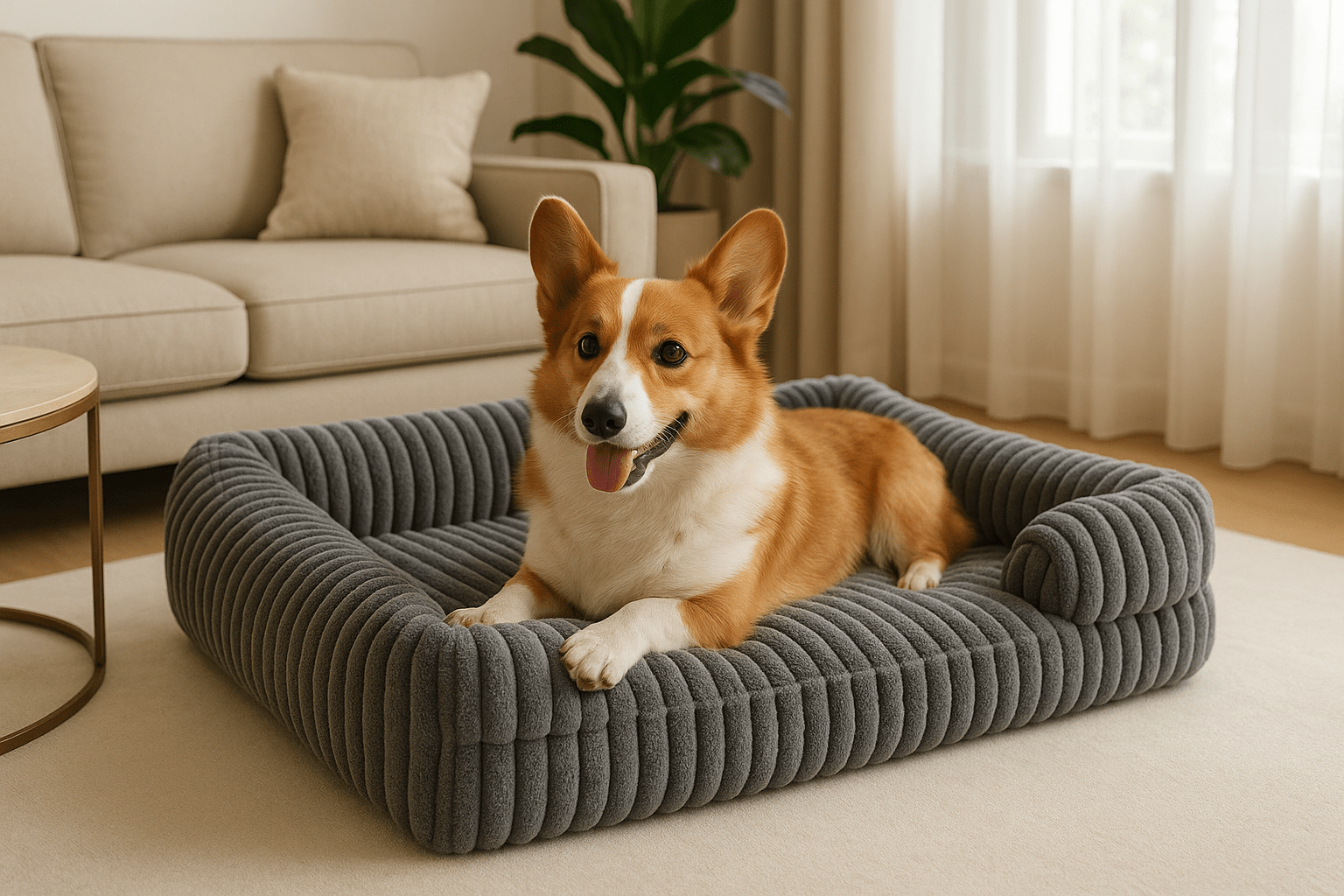 Lit-canapé-orthopédique-pour-chien-antidérapant-matelas à mémoire de forme-rebord surélevé en coton haute densité-déhoussable et lavable en machine-antidérapant-pour petit, moyen et grand chien-un chien heureux couché dans son lit en velours gris moelleux et ergonomique avec traversin et accoudoir intégré dans le salon de l'appartement