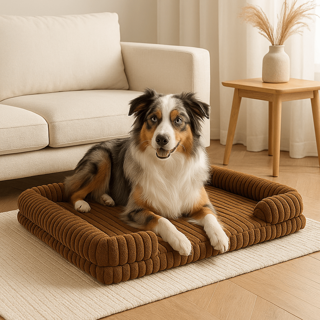 Lit-canapé-orthopédique-pour-chien-antidérapant-matelas à mémoire de forme-rebord surélevé en coton haute densité-déhoussable et lavable en machine-antidérapant-pour petit, moyen et grand chien-un chien de moyenne taille couché et heureux dans son lit en velours gris moelleux et ergonomique avec traversin et accoudoir intégré dans le salon de l'appartement