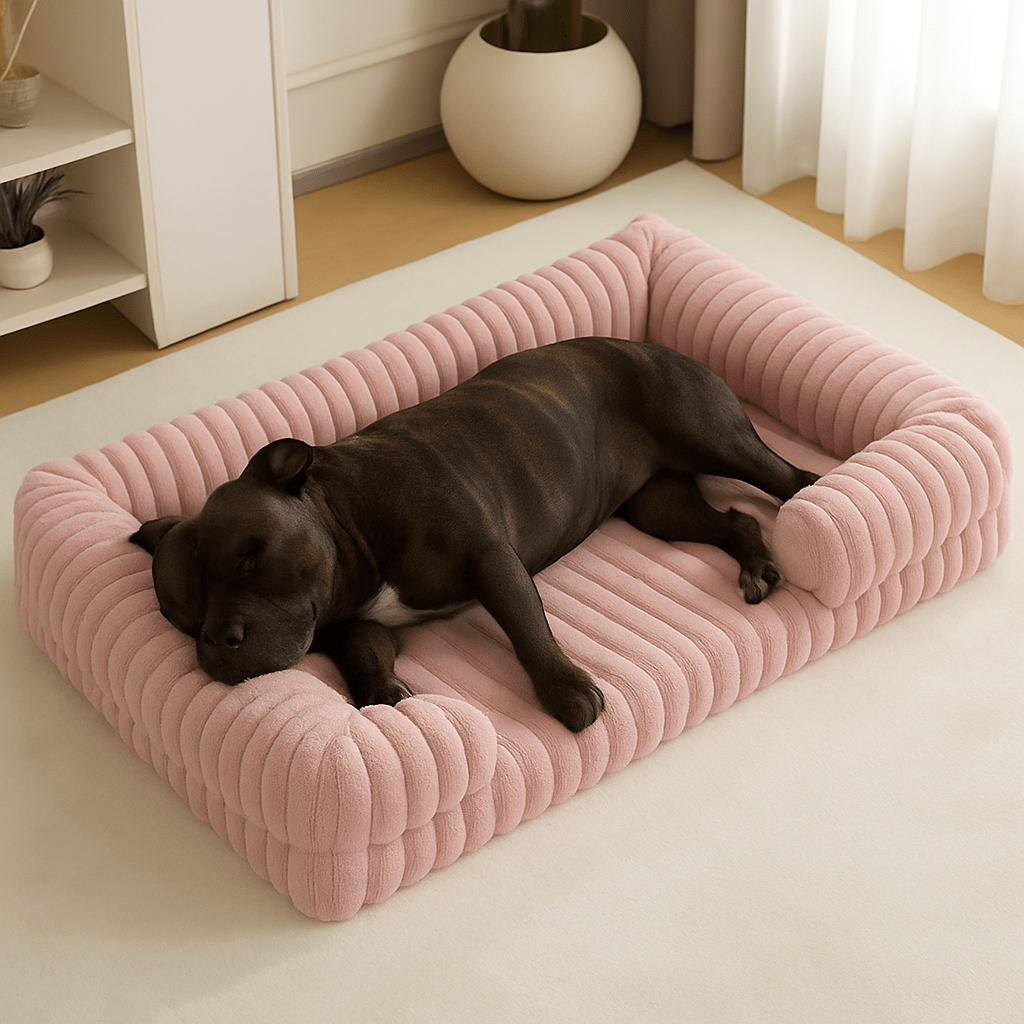 Lit-canapé-orthopédique-pour-chien-antidérapant-matelas à mémoire de forme-rebord surélevé en coton haute densité-déhoussable et lavable en machine-antidérapant-pour petit, moyen et grand chien-un staffordshire bull terrier qui dort couché dans son lit en velours gris moelleux et ergonomique avec traversin et accoudoir intégré dans le salon de la maison
