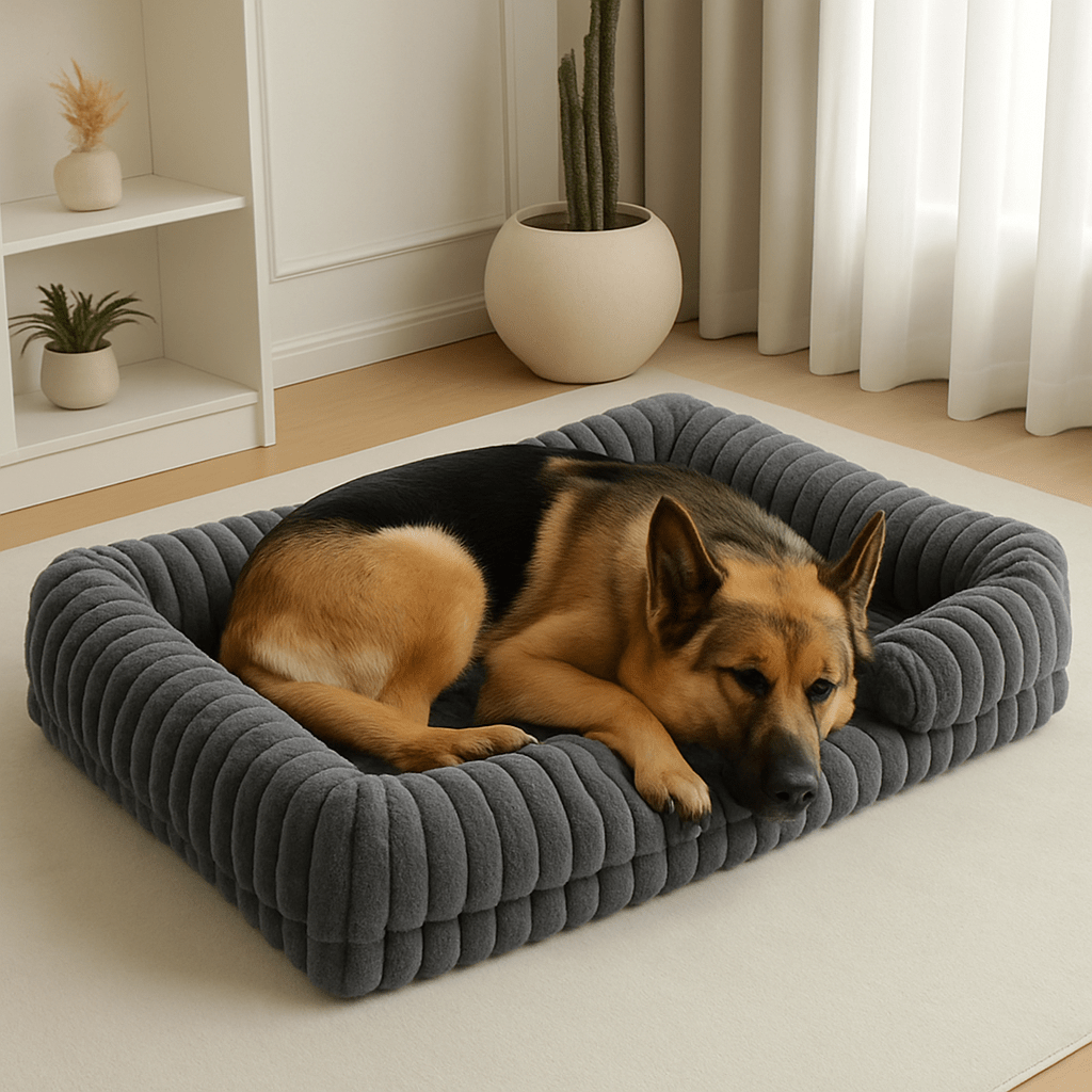 Lit-canapé-orthopédique-pour-chien-antidérapant-matelas à mémoire de forme-rebord surélevé en coton haute densité-déhoussable et lavable en machine-antidérapant-pour petit, moyen et grand chien-un grand chien qui dort couché en boule dans son lit en velours gris moelleux et ergonomique avec traversin et accoudoir intégré dans le salon de la maison