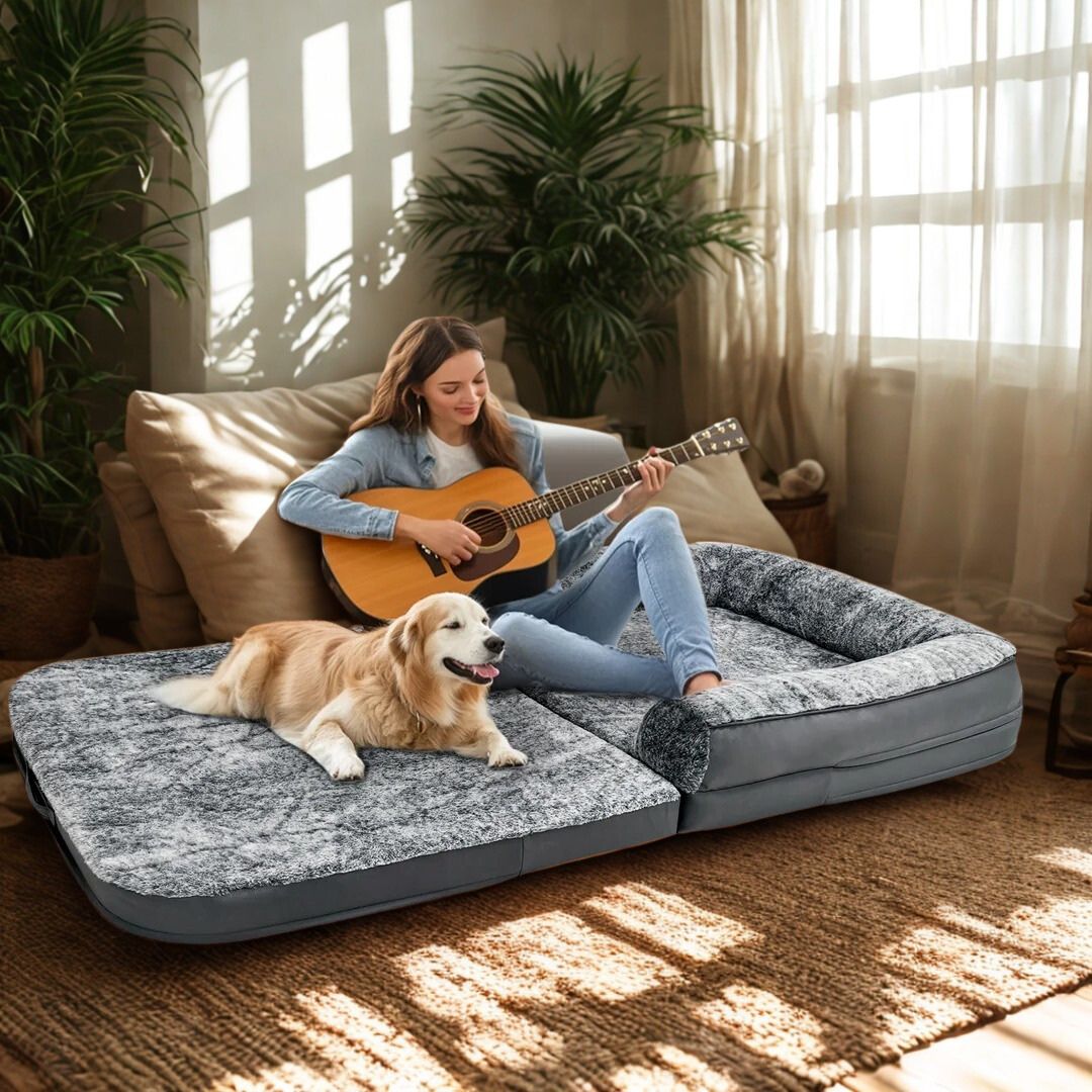 Lit-canapé-pour-chien une femme assis sur le canapé converti en lit avec son golden coucher dessus à côté d'elle, qui joue de la guitare dans le salon cosy pour un moment de complicité avec son chien