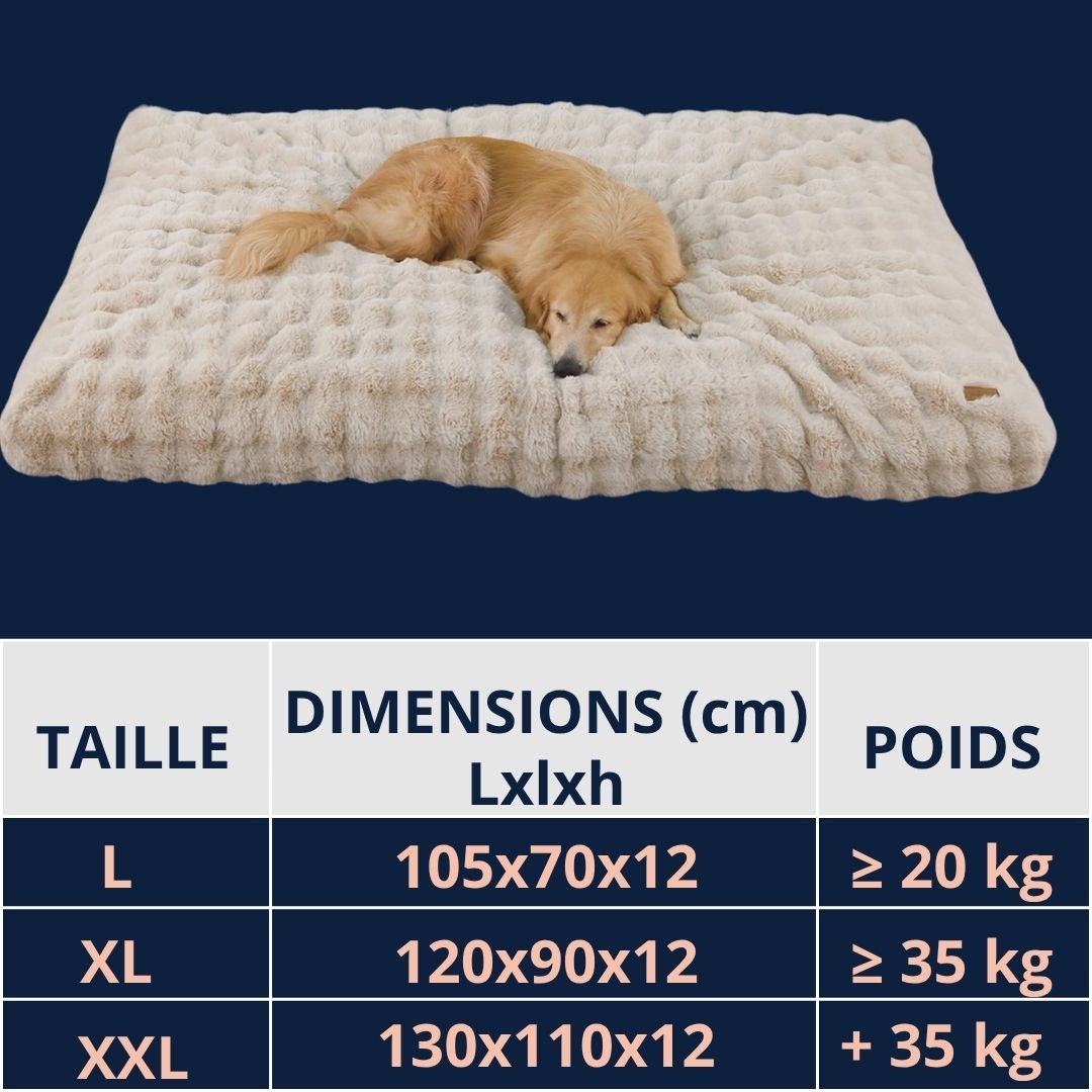 Lit-chien-xxl-déhoussable-guide-des-tailles-pour-chien moyen et grand chien-3 tailles disponibles-L-XL-XXL-dimensions détaillées et poids du chien correspondant