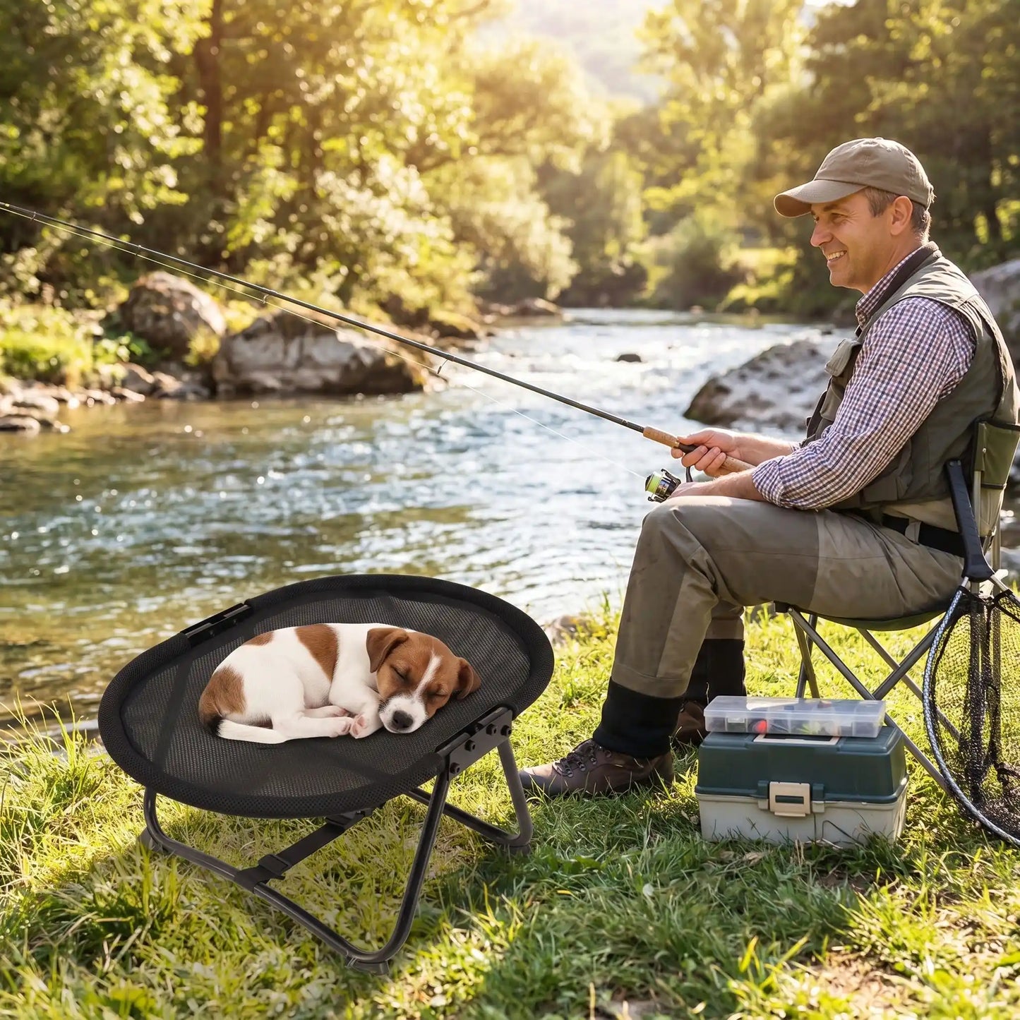 Lit-de-camp-chien-chaise, hamac d'Ă©tĂ© en maille repirante solide pour une circulation d'air optimale, impermĂ©able, lavable, avec sa structure en acier inoxydable avec sangles de sĂ©curitĂ© rĂ©glable et pliable, compacte pour chiot et chien de petite taille de 0 Ă 6 kilos maximum de couleur noir, lĂ©ger et transportable-un chiot de petite taille qui dort paisiblement en boule sur le hamac avec sa structure solide et pliable Ă cĂŽtĂ© de son maitre qui pĂȘche tranquillement en riviĂšre en Ă©tĂ©