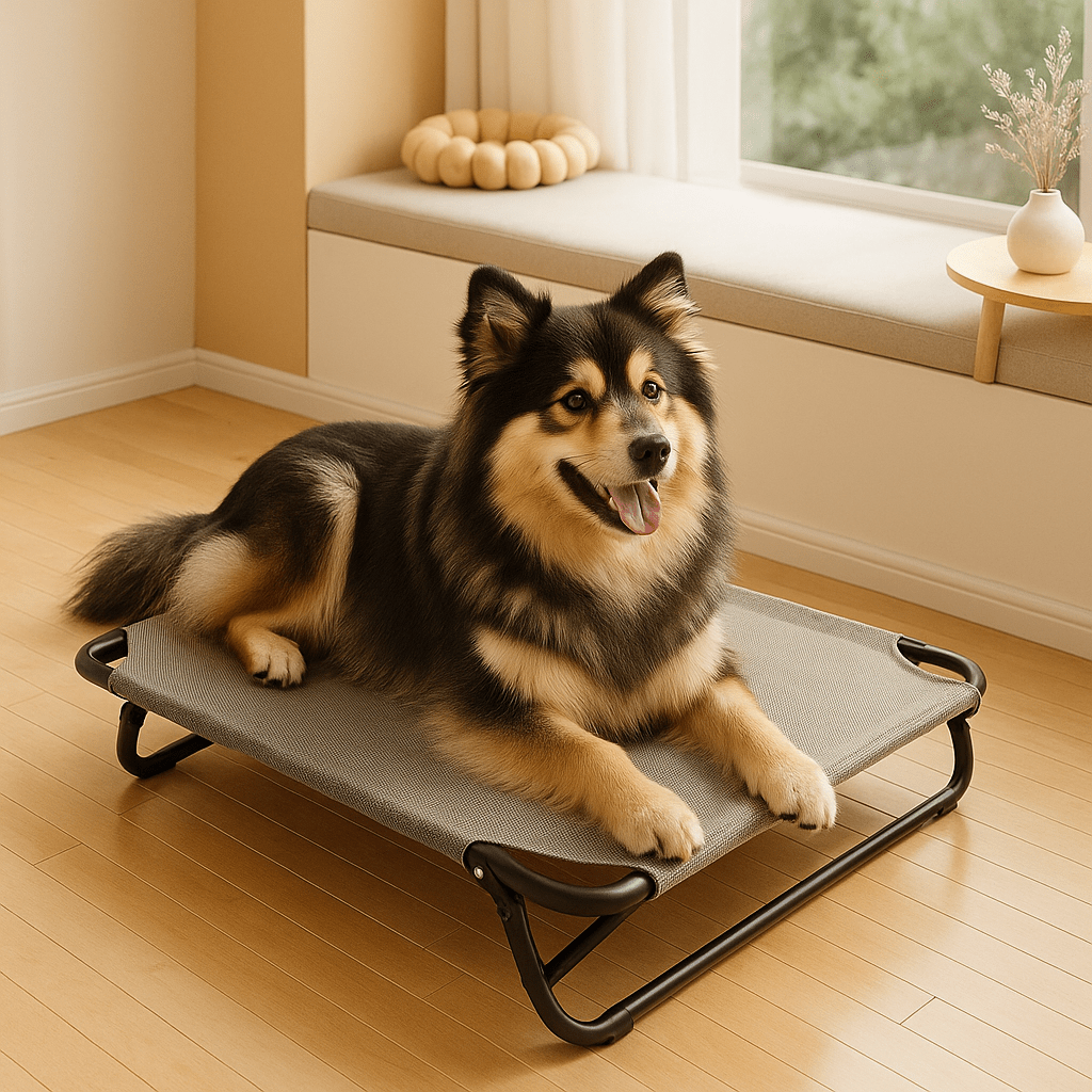 Lit-de-camp-chien-hamac-surélevé avec pied pliable-résistant au griffes-respirant-aérer pour toute saison en maille oxford 100% imperméable qui ne retient pas les poils et les saletés-hygiénique-entretien facile-lavable-pieds antidérapants et anti-rayures-polyvalent pour une utilisation intérieur et extérieur-idéal pour les voyages-solide et durable avec pieds en acier inoxydable-un chien finnois de Laponie couché sur son lit surélevé gris sur pied pliable et compact dans le salon de l'appartement