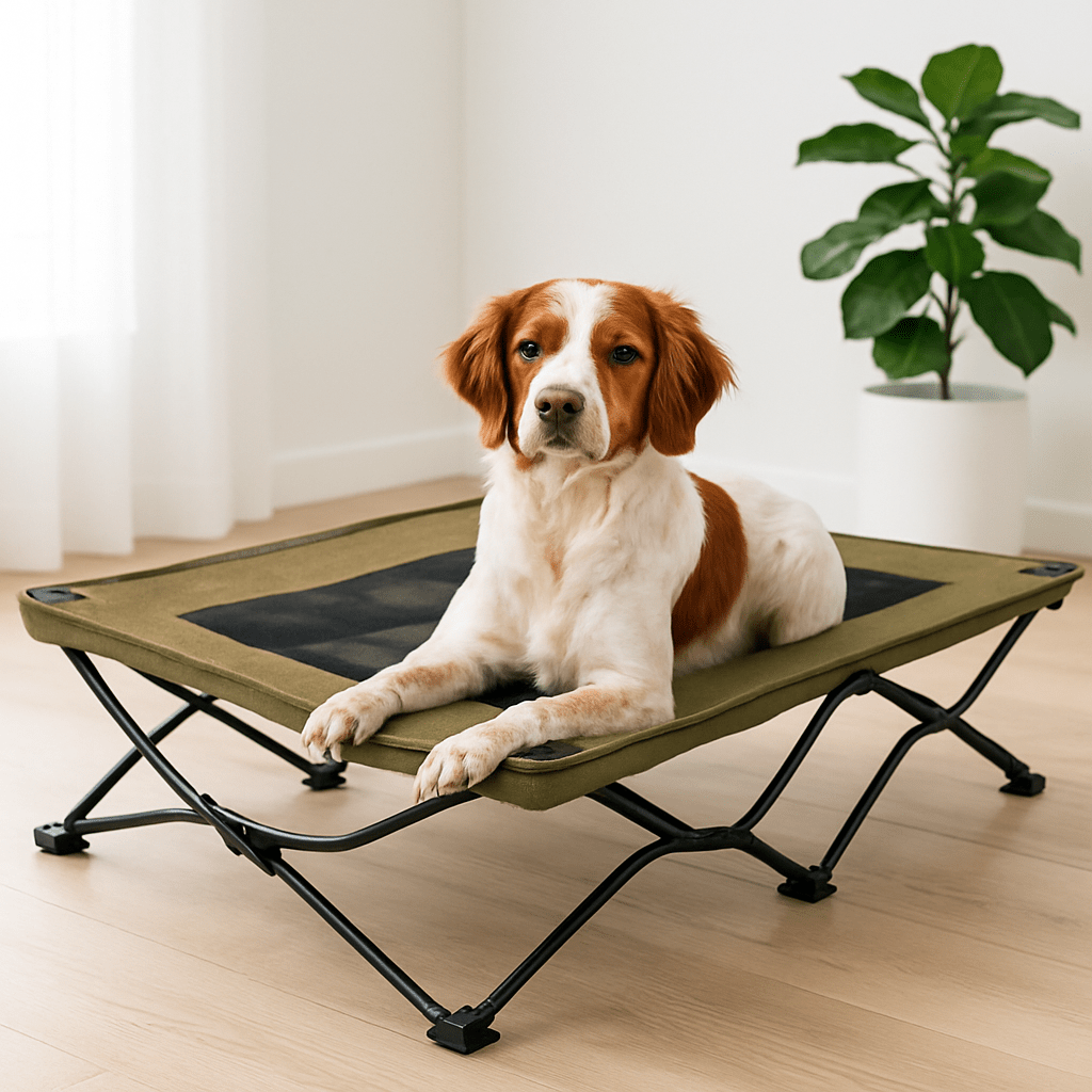Lit-de-camp-pour-chiens-acier-maille-aérée-tissu oxford 900D et structure en acier robuste-hamac sur 6 pieds antidérapants pour chien de petite, moyenne et grande taille jusqu'à 30 kg-lavable et imperméable-ne retient pas les poils, les saletés, résistant aux griffes pour une utilisation intérieure et extérieure-pliable avec son sac de transport avec sangle-un chien moyen couché confortablement sur son hamac ergonomique surélevé dans le salon de l'appartement