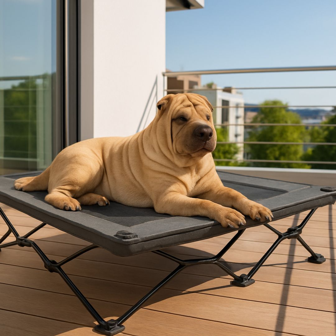 Lit-de-camp-pour-chiens-acier-maille-aérée-tissu oxford 900D et structure en acier robuste-hamac sur 6 pieds antidérapants pour chien de petite, moyenne et grande taille jusqu'à 30 kg-lavable et imperméable-ne retient pas les poils, les saletés, résistant aux griffes pour une utilisation intérieure et extérieure-pliable avec son sac de transport avec sangle-un shar-peï couché confortablement sur son hamac ergonomique surélevé sur la terrasse de l'appartement en été