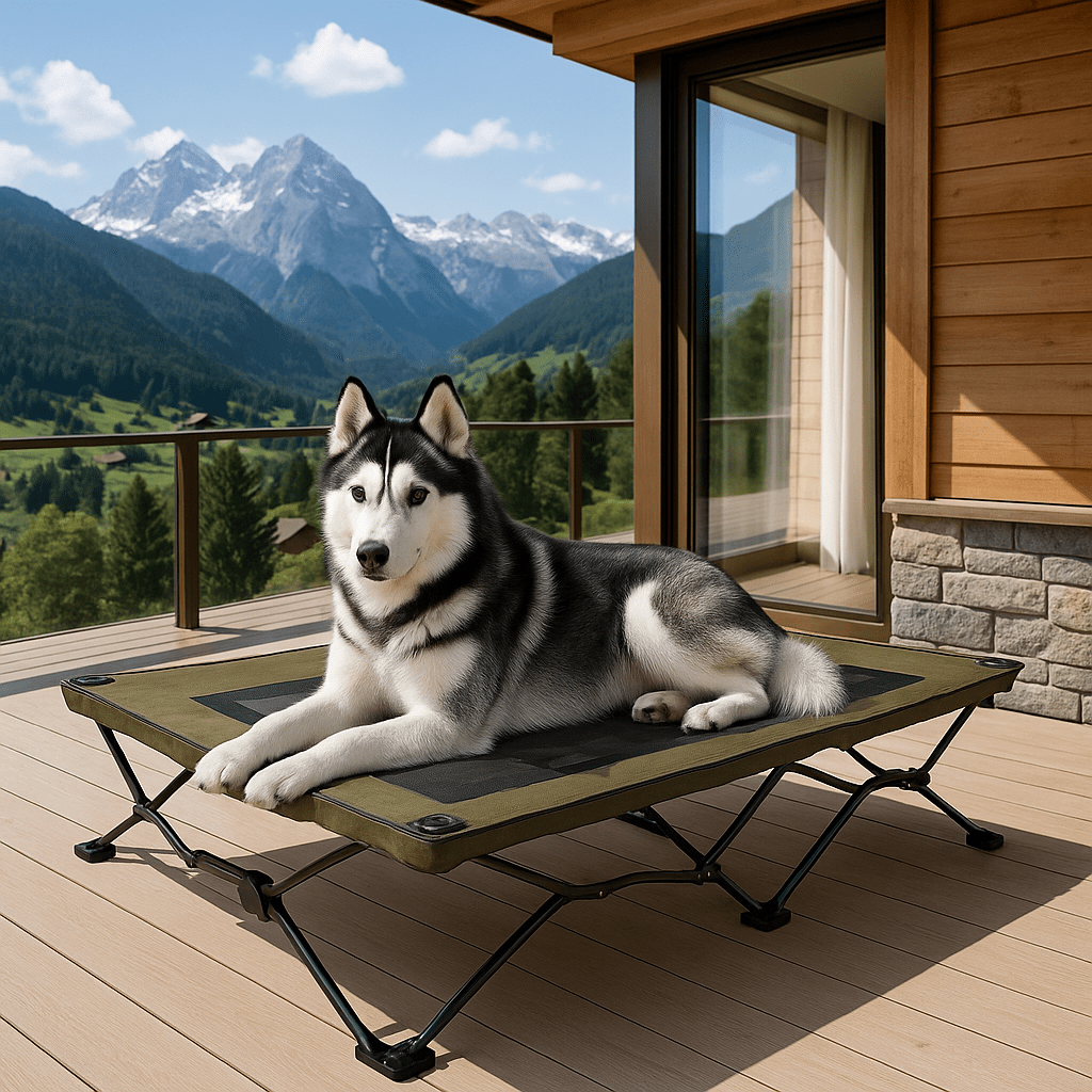 Lit-de-camp-pour-chiens-acier-maille-aérée-tissu oxford 900D et structure en acier robuste-hamac sur 6 pieds antidérapants pour chien de petite, moyenne et grande taille jusqu'à 30 kg-lavable et imperméable-ne retient pas les poils, les saletés, résistant aux griffes pour une utilisation intérieure et extérieure-pliable avec son sac de transport avec sangle-un grand chien couché confortablement sur son hamac ergonomique surélevé sur la terrasse du chalet en montagne en été