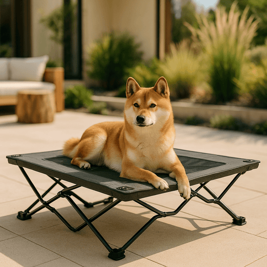 Lit-de-camp-pour-chiens-acier-maille-aérée-tissu oxford 900D et structure en acier robuste-hamac sur 6 pieds antidérapants pour chien de petite, moyenne et grande taille jusqu'à 30 kg-lavable et imperméable-ne retient pas les poils, les saletés, résistant aux griffes pour une utilisation intérieure et extérieure-pliable avec son sac de transport avec sangle-un chien de taille moyenne couché confortablement sur son hamac ergonomique surélevé sur la terrasse de la maison