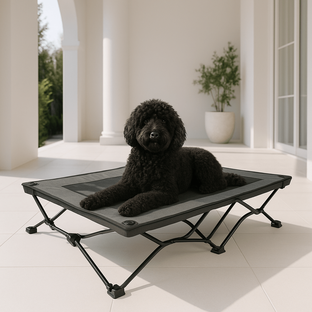 Lit-de-camp-pour-chiens-acier-maille-aérée-tissu oxford 900D et structure en acier robuste-hamac sur 6 pieds antidérapants pour chien de petite, moyenne et grande taille jusqu'à 30 kg-lavable et imperméable-ne retient pas les poils, les saletés, résistant aux griffes pour une utilisation intérieure et extérieure-pliable avec son sac de transport avec sangle-un chien noir frisé couché confortablement sur son hamac ergonomique surélevé sur la terrasse le la maison de vacances en été