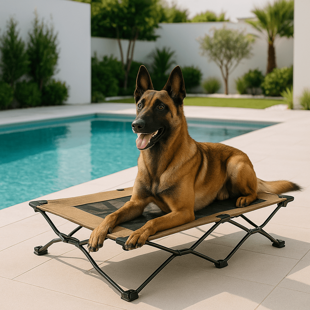Lit-de-camp-pour-chiens-acier-maille-aérée-tissu oxford 900D et structure en acier robuste-hamac sur 6 pieds antidérapants pour chien de petite, moyenne et grande taille jusqu'à 30 kg-lavable et imperméable-ne retient pas les poils, les saletés, résistant aux griffes pour une utilisation intérieure et extérieure-pliable avec son sac de transport avec sangle-un Berger Belge couché confortablement sur son hamac ergonomique surélevé au bord de la piscine de la location de vacances en été