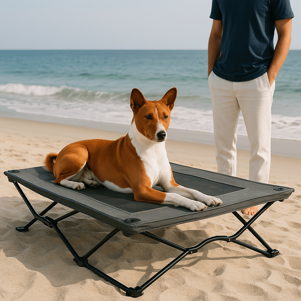 Lit-de-camp-pour-chiens-acier-maille-aérée-tissu oxford 900D et structure en acier robuste-hamac sur 6 pieds antidérapants pour chien de petite, moyenne et grande taille jusqu'à 30 kg-lavable et imperméable-ne retient pas les poils, les saletés, résistant aux griffes pour une utilisation intérieure et extérieure-pliable avec son sac de transport avec sangle-un chien moyen couché confortablement sur son hamac ergonomique surélevé sur la plage avec son maitre