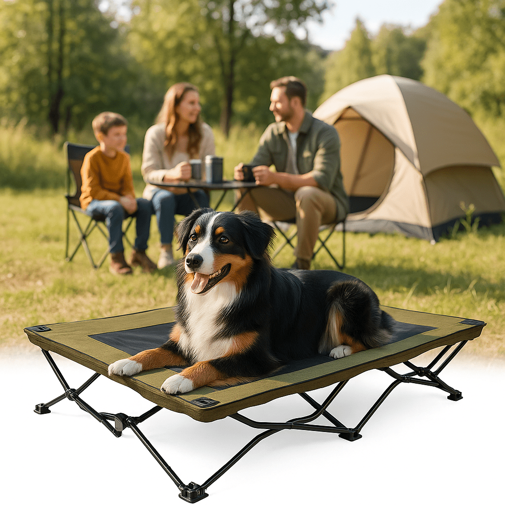 Lit-de-camp-pour-chiens-acier-maille-aérée-tissu oxford 900D et structure en acier robuste-hamac sur 6 pieds antidérapants pour chien de petite, moyenne et grande taille jusqu'à 30 kg-lavable et imperméable-ne retient pas les poils, les saletés, résistant aux griffes pour une utilisation intérieure et extérieure-pliable avec son sac de transport avec sangle-un chien couché confortablement sur son hamac ergonomique surélevé en camping avec sa famille humaine