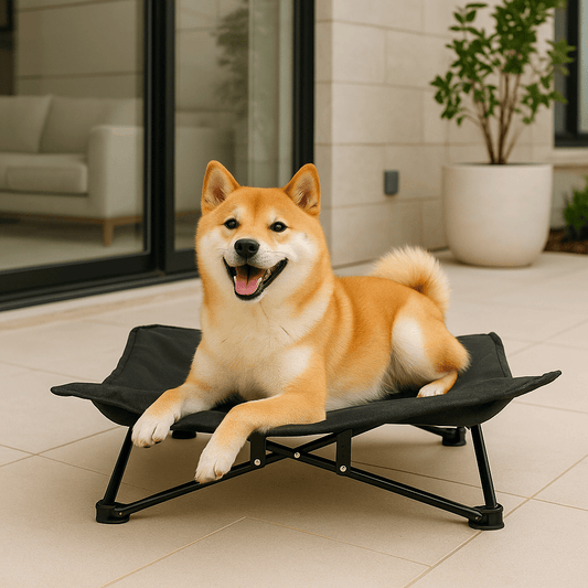 Lit-de-camping-pour-chien-chiot-pliable-imperméable-avec sac de transport-sur pied antidérapant en acier-rembourrage 100% coton-déhoussable et lavable-installation facile et rapide-prêt à l'emploi-solide-robuste et durable pour une utilisation intérieur et extérieur-surélevé et respirant pour toutes saisons-un chien moyen couché et heureux sur son hamac noir sur la terrasse de l'appartement en été