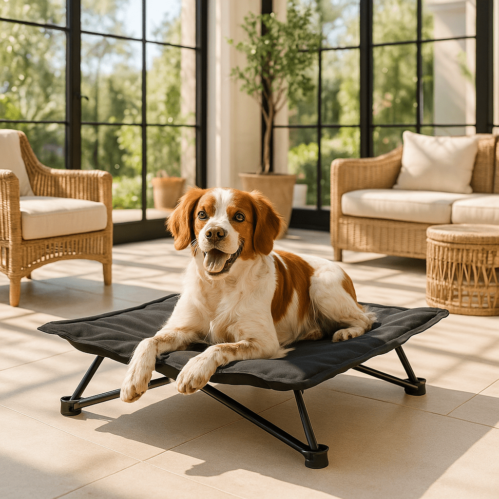 Lit-de-camping-pour-chien-chiot-pliable-impermĂ©able-avec sac de transport-sur pied antidĂ©rapant en acier-rembourrage 100% coton-dĂ©houssable et lavable-installation facile et rapide-prĂȘt Ă  l'emploi-solide-robuste et durable pour une utilisation intĂ©rieur et extĂ©rieur-surĂ©levĂ© et respirant pour toutes saisons-un chien couchĂ© et heureux sur son hamac noir compact qui retient pas les poils et saletĂ©s en maille respirante dans la vĂ©randa de la maison