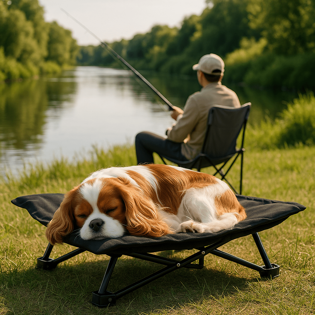 Lit-de-camping-pour-chien-chiot-pliable-impermĂ©able-avec sac de transport-sur pied antidĂ©rapant en acier-rembourrage 100% coton-dĂ©houssable et lavable-installation facile et rapide-prĂȘt Ă  l'emploi-solide-robuste et durable pour une utilisation intĂ©rieur et extĂ©rieur-surĂ©levĂ© et respirant pour toutes saisons-un chien de race moyenne qui dort paisiblement sur son hamac noir compact Ă  cĂŽtĂ© de son maitre qui pĂȘche en extĂ©rieur