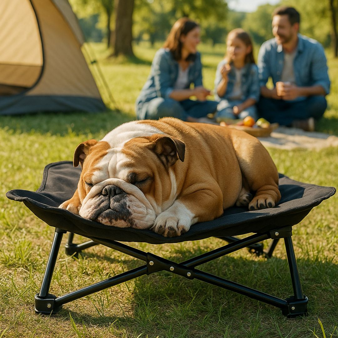 Lit-de-camping-pour-chien-chiot-pliable-impermĂ©able-avec sac de transport-sur pied antidĂ©rapant en acier-rembourrage 100% coton-dĂ©houssable et lavable-installation facile et rapide-prĂȘt Ă  l'emploi-solide-robuste et durable pour une utilisation intĂ©rieur et extĂ©rieur-surĂ©levĂ© et respirant pour toutes saisons-un chien de taille moyenne qui dort paisiblement sur son hamac noir compact en camping avec ses maitres en pique-nique