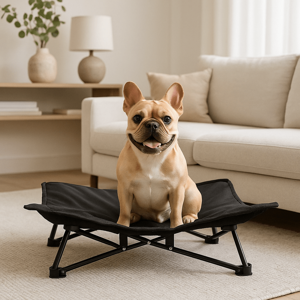 Lit-de-camping-pour-chien-chiot-pliable-impermĂ©able-avec sac de transport-sur pied antidĂ©rapant en acier-rembourrage 100% coton-dĂ©houssable et lavable-installation facile et rapide-prĂȘt Ă  l'emploi-solide-robuste et durable pour une utilisation intĂ©rieur et extĂ©rieur-surĂ©levĂ© et respirant pour toutes saisons-un petit chien assis et heureux sur son hamac noir compact dans le salon de l'appartement