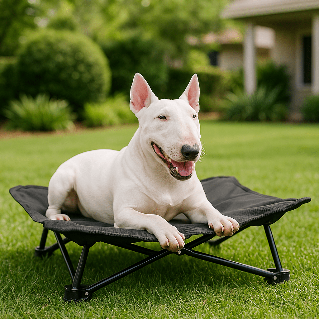 Lit-de-camping-pour-chien-chiot-pliable-impermĂ©able-avec sac de transport-sur pied antidĂ©rapant en acier-rembourrage 100% coton-dĂ©houssable et lavable-installation facile et rapide-prĂȘt Ă  l'emploi-solide-robuste et durable pour une utilisation intĂ©rieur et extĂ©rieur-surĂ©levĂ© et respirant pour toutes saisons-un chien couchĂ© et heureux sur son hamac noir compact dans le jardin de la maison en Ă©tĂ©
