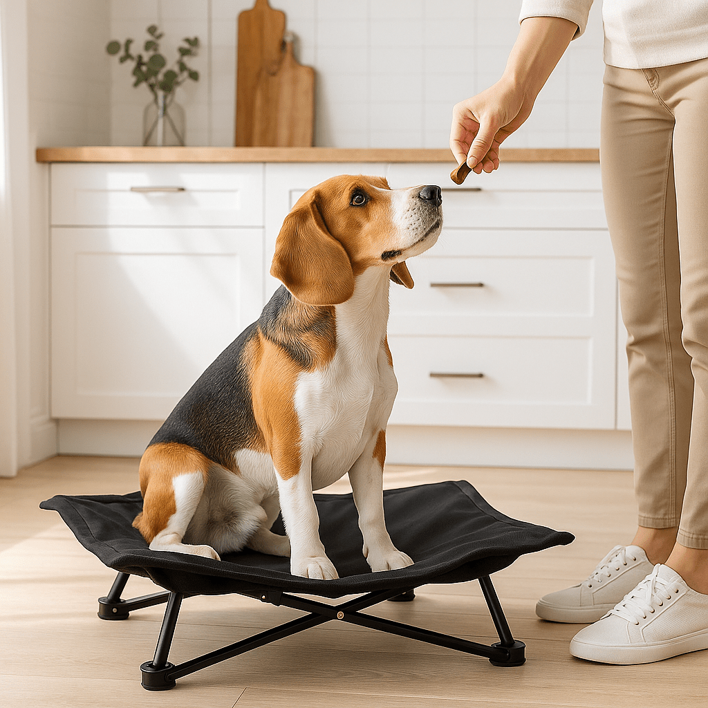 Lit-de-camping-pour-chien-chiot-pliable-impermĂ©able-avec sac de transport-sur pied antidĂ©rapant en acier-rembourrage 100% coton-dĂ©houssable et lavable-installation facile et rapide-prĂȘt Ă  l'emploi-solide-robuste et durable pour une utilisation intĂ©rieur et extĂ©rieur-surĂ©levĂ© et respirant pour toutes saisons-un chien assis sur son hamac noir compact qui regarde son maitre lui tendre un encas dans la cuisine de la maison