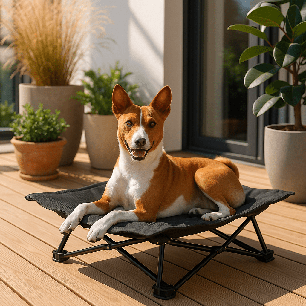 Lit-de-camping-pour-chien-chiot-pliable-impermĂ©able-avec sac de transport-sur pied antidĂ©rapant en acier-rembourrage 100% coton-dĂ©houssable et lavable-installation facile et rapide-prĂȘt Ă  l'emploi-solide-robuste et durable pour une utilisation intĂ©rieur et extĂ©rieur-surĂ©levĂ© et respirant pour toutes saisons-un chien couchĂ© et heureux sur son hamac noir compact sur la terrasse de l'appartement en Ă©tĂ©