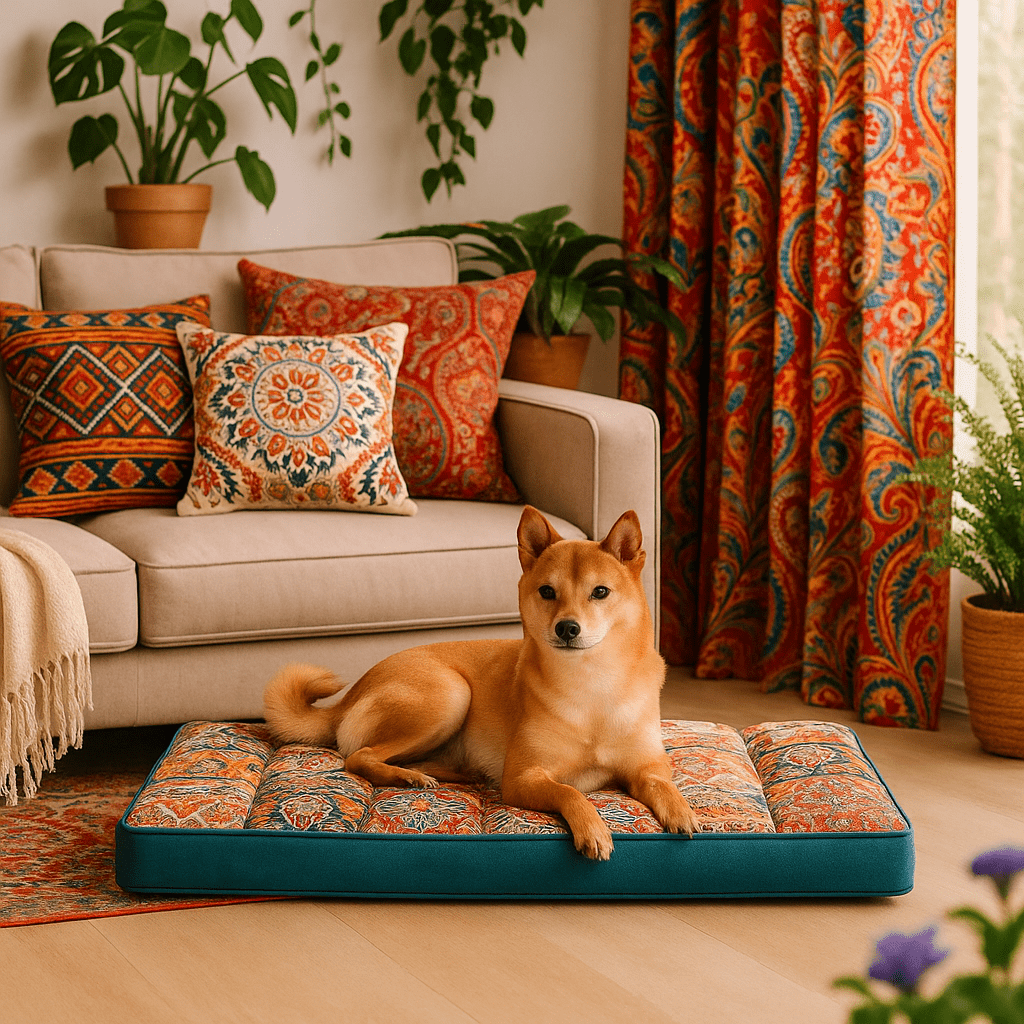 Lit-orthopédique-chien-artisanal-un chien couché sur le matelas 100% coton PP-déhoussable, lavable en machine-design mosaïque bohème chic, coloré-turquoise