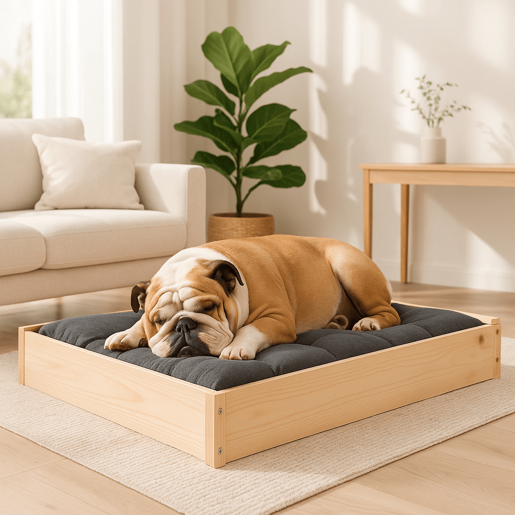 Lit-pour-chien-surélevé en bois de pin massif naturel non traité-avec sommier en latte en bois et cadre robuste en bois pour chien de petite à moyenne taille-respirant-solide-matériau nature-Un Bouledogue qui dort paisiblement sur son lit en bois massif avec cadre haut et son matelas gris dans le salon de l'appartement