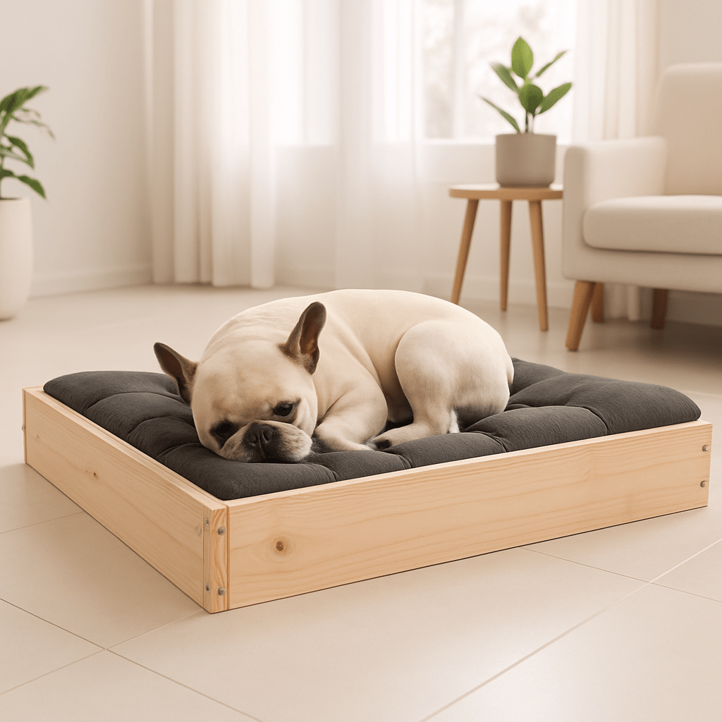 Lit-pour-chien-surélevé en bois de pin massif naturel non traité-avec sommier en latte en bois et cadre robuste en bois pour chien de petite à moyenne taille-respirant-solide-matériau naturel-Un chien moyen qui dort paisiblement sur son lit en bois massif avec cadre haut et son matelas gris dans le salon de la maison