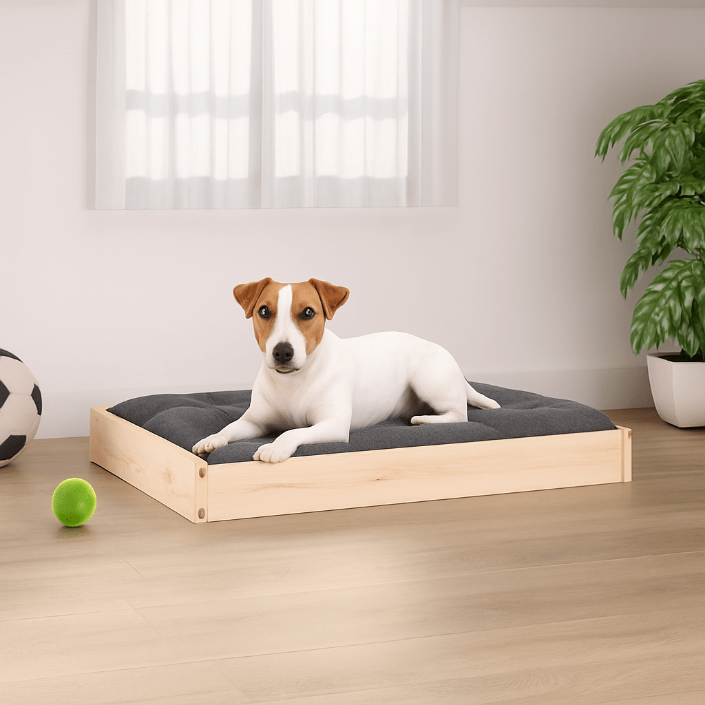 Lit-pour-chien-surélevé en bois de pin massif naturel non traité-avec sommier en latte en bois et cadre robuste en bois pour chien de petite à moyenne taille-respirant-solide-matériau naturel-Un Jack Russell couché confortablement sur son lit en bois massif avec cadre haut et son matelas gris