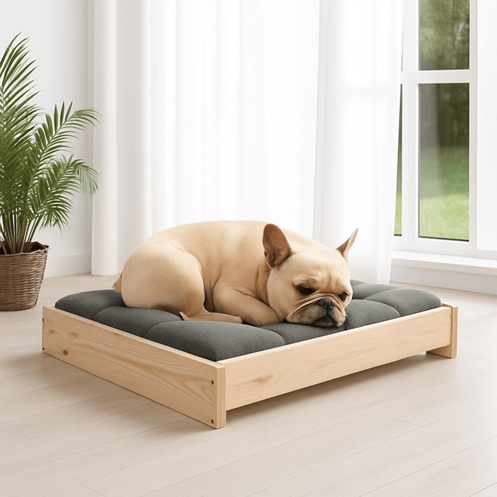 Lit-pour-chien-surélevé en bois de pin massif naturel non traité-avec sommier en latte en bois et cadre robuste en bois pour chien de petite à moyenne taille-respirant-solide-matériau naturel-Un Bouledogue français qui dort paisiblement sur son lit en bois massif avec cadre haut et son matelas gris dans le salon de la maison
