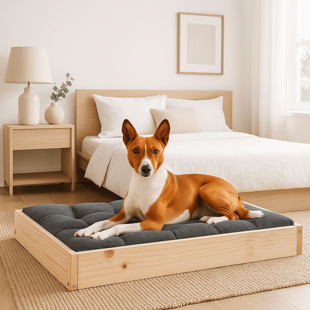 Lit-pour-chien-surélevé en bois de pin massif naturel non traité-avec sommier en latte en bois et cadre robuste en bois pour chien de petite à moyenne taille-respirant-solide-matériau naturel-Un Basenji couché confortablement sur son lit en bois massif avec cadre haut et son matelas gris dans le salon de la maison