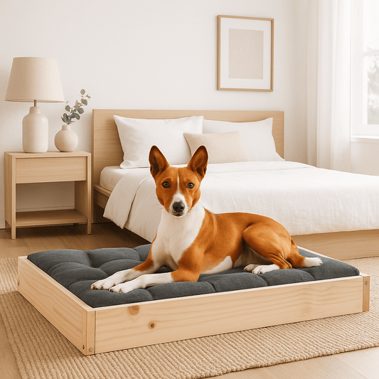 Lit-pour-chien-surélevé en bois de pin massif naturel non traité-avec sommier en latte en bois et cadre robuste en bois pour chien de petite à moyenne taille-respirant-solide-matériau naturel-Un Basenji couché confortablement sur son lit en bois massif avec cadre haut et son matelas gris dans le salon de la maison