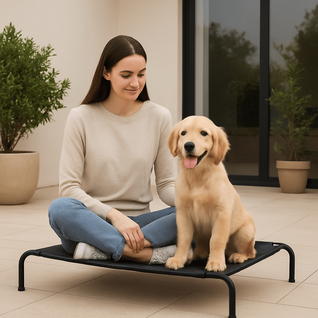 Lit-pour-chien-surélevé-lit camp chien en maille aérée et respirante pour toute saison-hygiénique-imperméable-ergonomique flexible et structure en acier solide et pieds antidérapant de couleur noir-un maitre et son chiot assis côte à côte sur le lit hamac noir dans le jardin de la maison en été