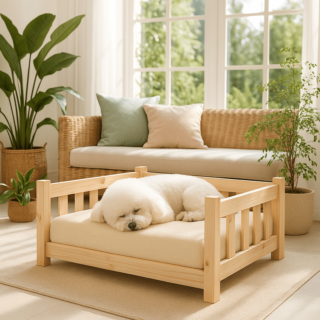 Lit-pour-chien-surélevé-canapé-en bois massif de pin naturel-non traité-écoresponsable-écologique-lavable-sur-pied-robuste-sommier en latte-hypoallergénique-respirant-aérer-ventilé-rafraichissant en été-isole des sols froids-pour petit chien jusqu'à 10 kilos-un petit chien qui dort paisiblement sur son lit en bois en forme de canapé avec accoudoir en bois dans la véranda de la maison