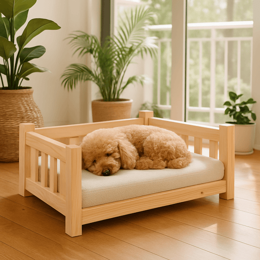 Lit-pour-chien-surélevé-canapé-en bois massif de pin naturel-non traité-écoresponsable-écologique-lavable-sur-pied-robuste-sommier en latte-hypoallergénique-respirant-aérer-ventilé-rafraichissant en été-isole des sols froids-pour petit chien jusqu'à 10 kilos-un petit chien qui dort en boule paisiblement sur son lit en bois en forme de canapé avec accoudoir en bois dans la chambre de l'appartement