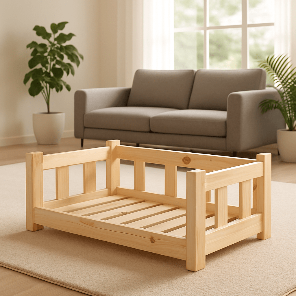Lit-pour-chien-surélevé-canapé-en bois massif de pin naturel-non traité-écoresponsable-écologique-lavable-sur-pied-robuste-sommier en latte-hypoallergénique-respirant-aérer-ventilé-rafraichissant en été-isole des sols froids-pour petit chien jusqu'à 10 kilos