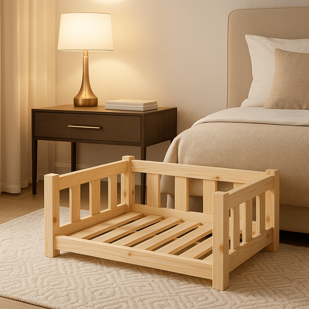 Lit-pour-chien-surélevé-canapé-en bois massif de pin naturel-non traité-écoresponsable-écologique-lavable-sur-pied-robuste-sommier en latte-hypoallergénique-respirant-aérer-ventilé-rafraichissant en été-isole des sols froids-pour petit chien jusqu'à 10 kilos