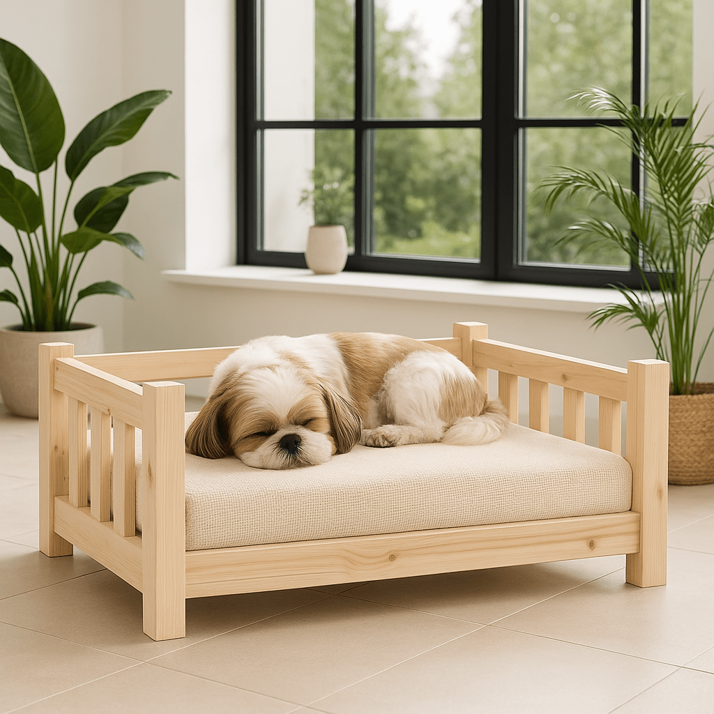 Lit-pour-chien-surélevé-canapé-en bois massif de pin naturel-non traité-écoresponsable-écologique-lavable-sur-pied-robuste-sommier en latte-hypoallergénique-respirant-aérer-ventilé-rafraichissant en été-isole des sols froids-pour petit chien jusqu'à 10 kilos-un Shih tzu assis et heureux sur son lit en bois en forme de canapé avec accoudoir en bois dans le salon de l'appartement