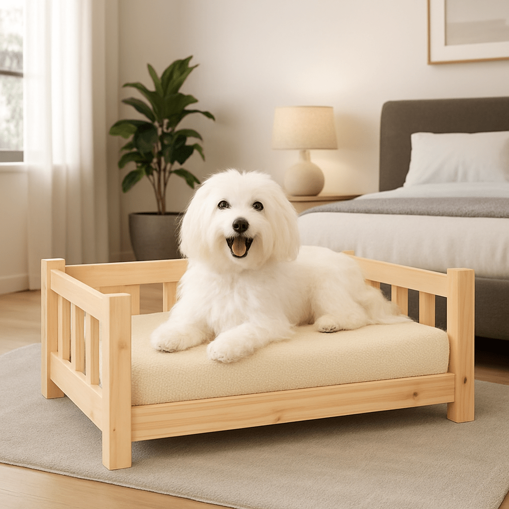 Lit-pour-chien-surélevé-canapé-en bois massif de pin naturel-non traité-écoresponsable-écologique-lavable-sur-pied-robuste-sommier en latte-hypoallergénique-respirant-aérer-ventilé-rafraichissant en été-isole des sols froids-pour petit chien jusqu'à 10 kilos-un chien de petite taille assis et heureux sur son lit en bois en forme de canapé avec accoudoir en bois dans la chambre de la maison