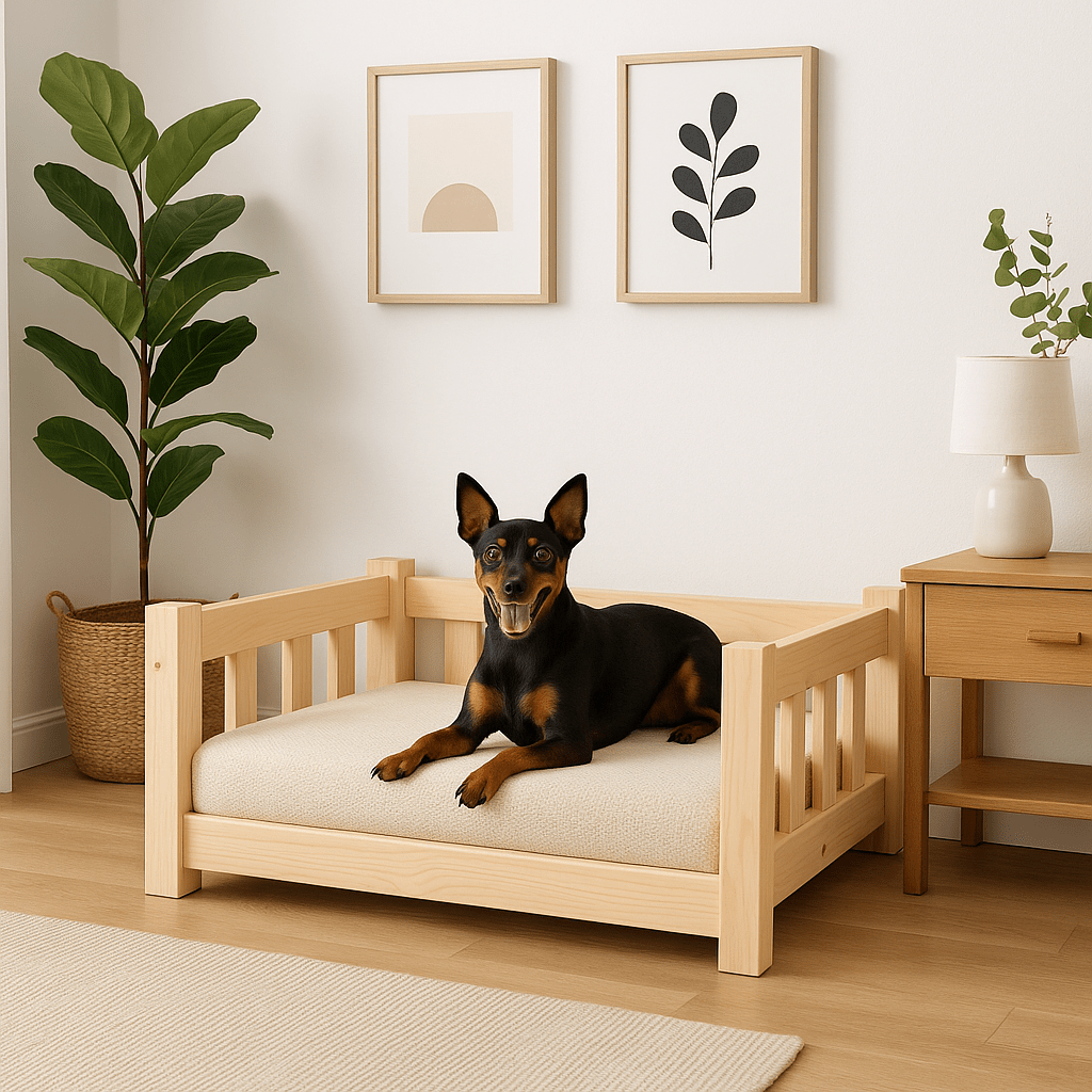 Lit-pour-chien-surélevé-canapé-en bois massif de pin naturel-non traité-écoresponsable-écologique-lavable-sur-pied-robuste-sommier en latte-hypoallergénique-respirant-aérer-ventilé-rafraichissant en été-isole des sols froids-pour petit chien jusqu'à 10 kilos-un chien nain assis et heureux sur son lit en bois en forme de canapé avec accoudoir en bois dans le salon de l'appartement