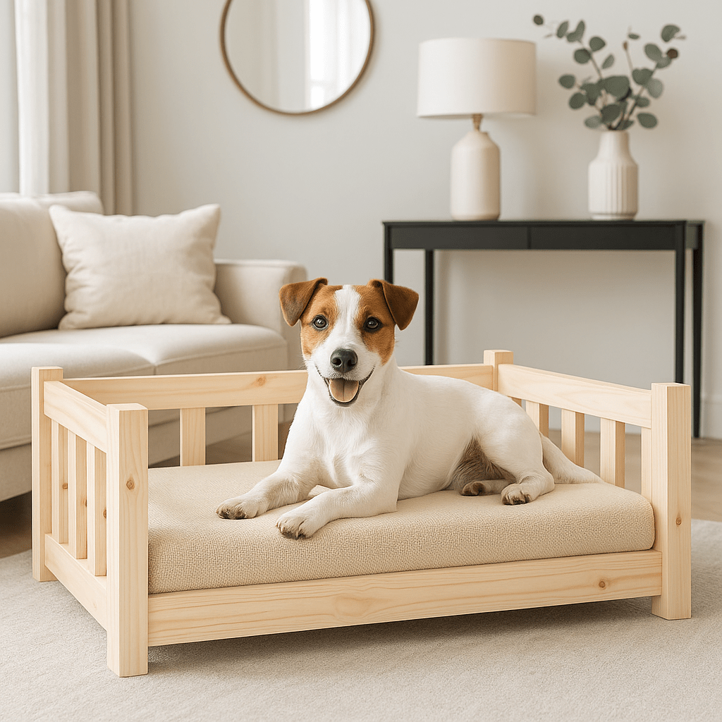 Lit-pour-chien-surélevé-canapé-en bois massif de pin naturel-non traité-écoresponsable-écologique-lavable-sur-pied-robuste-sommier en latte-hypoallergénique-respirant-aérer-ventilé-rafraichissant en été-isole des sols froids-pour petit chien jusqu'à 10 kilos-un petit assis et heureux sur son lit en bois en forme de canapé avec accoudoir en bois dans le salon de l'appartement